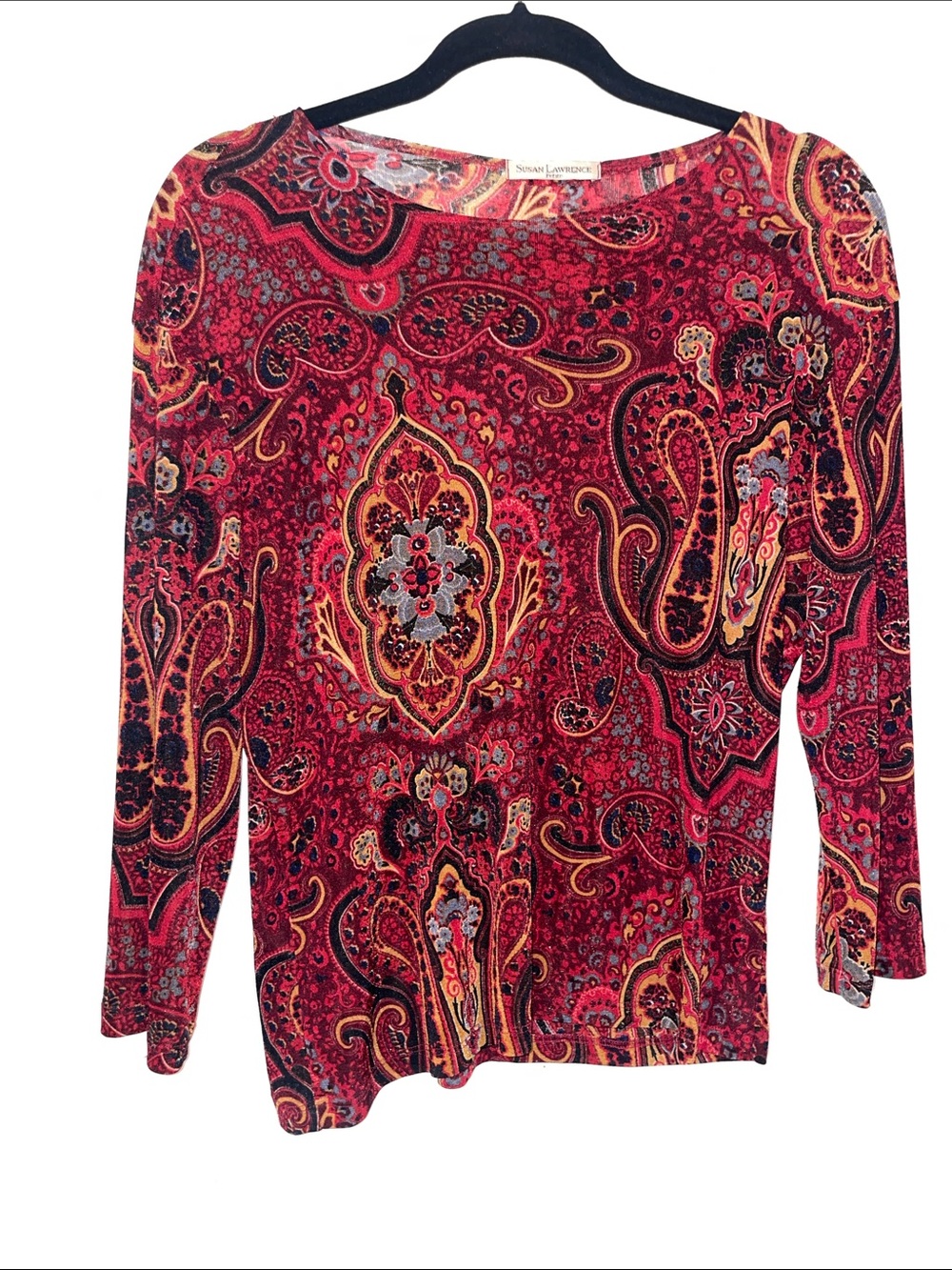 Susan Lawrence Red Multicolor Paisley Long-Sleeve Scoop Neck Top